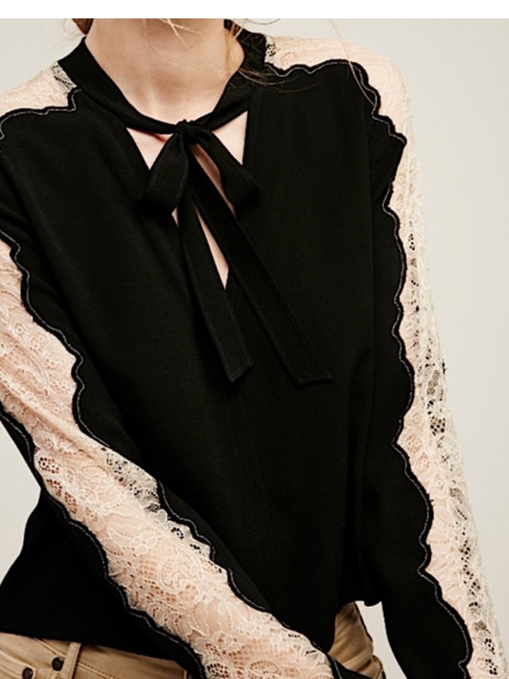 Free People Freya Tie Black Blouse Black With Cream Lace Inset On Bell Sleeve